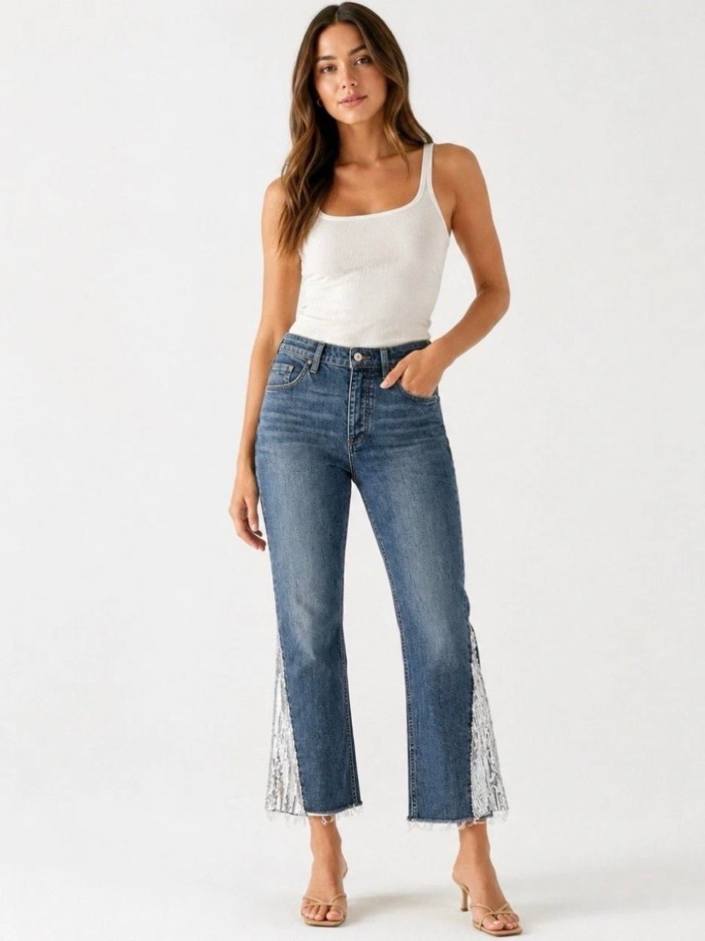 Pilcro and the Letterpress Jeans Sequin Flare Womens 32 High Rise Raw Hem FLAW